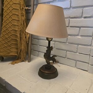 Vintage Leviton Metal Bronze? Rooster Table Lamp 21" Tall/Finial Wood Base